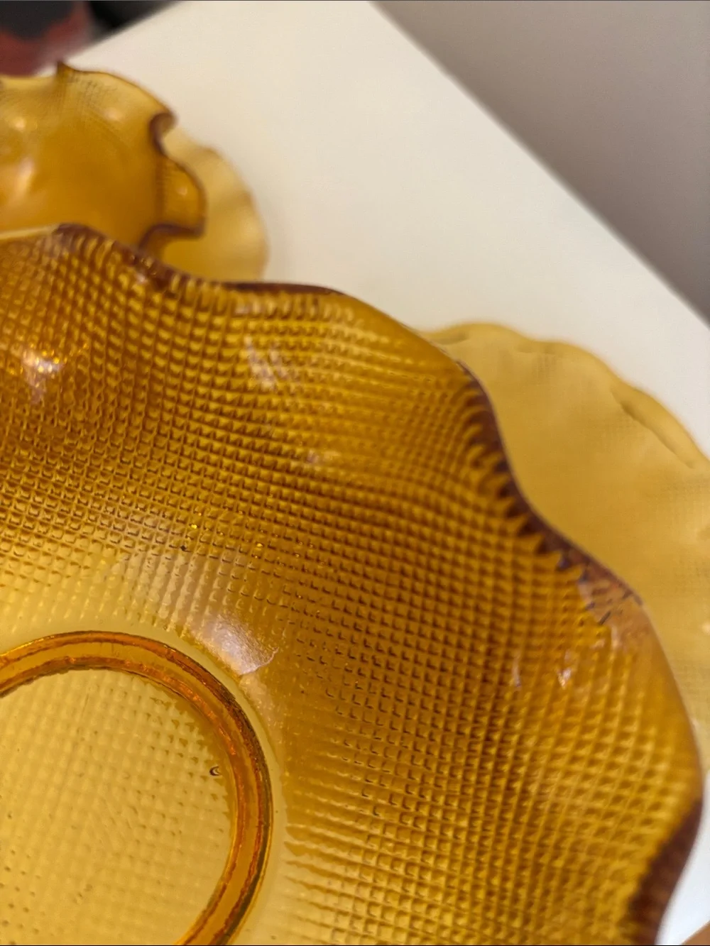 Vintage Colony Amber Waffle Ruffled Glass Dessert Bowl & Plate Sets | Set of 2